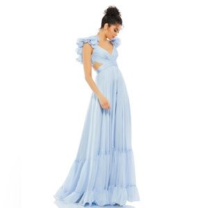 MAC DUGGAL RUFFLE TIERED CUT-OUT EMPIRE WAIST CHIFFON GOWN size 0 in powder blue
